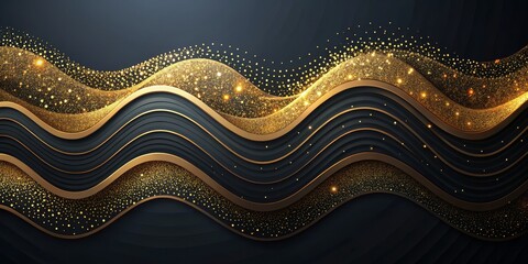 Abstract Gold Glitter Waves on Black Background, Luxury, Elegant, Festive, Glitter
