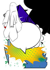 Cartoon Ghost with blank speech bubble, comic book Halloween background. Retro vector comics pop art design.