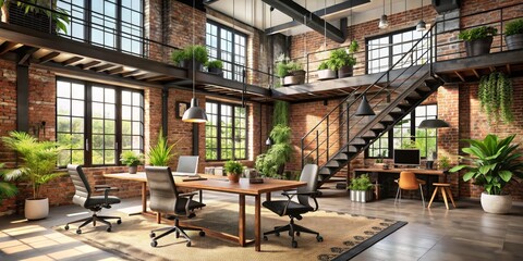 Industrial Loft Office Design with Exposed Brick Walls and Natural Light, interior design, loft office, industrial style