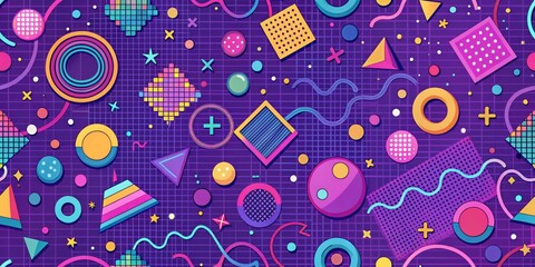 Fototapeta premium Neon Retro Geometric Shapes Pattern, seamless, digital art, 80s , retro , pattern