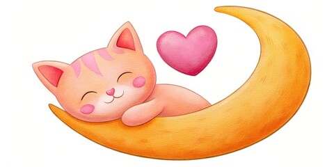 Sleeping Cat on a Crescent Moon with Pink Heart, Watercolor Illustration, Cute Cat, Sleeping Moon, Animal Love, cat, watercolor