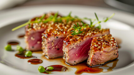 Seared tuna slices with sesame seeds and microgreens drizzled with sauce on a plate