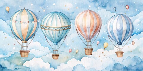 Naklejka premium Watercolor Hot Air Balloons Soaring Through Clouds, Watercolor, Hot Air Balloon, Clouds, Sky, Dreamy, Adventure