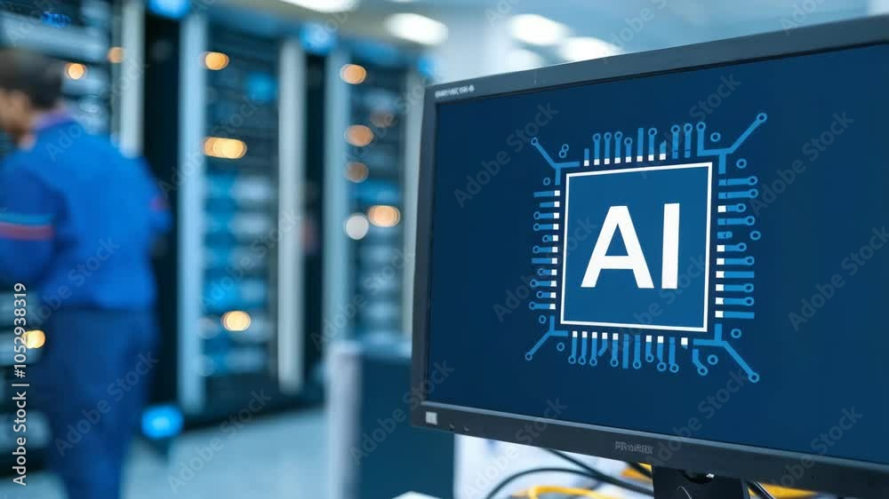Poster a computer displaying an ai logo in a data center with a person walking in the background.