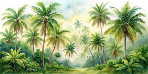 Fototapeta premium Watercolor Palm Trees in Lush Tropical Forest, Palm Trees, Tropical Landscape, Watercolor Art