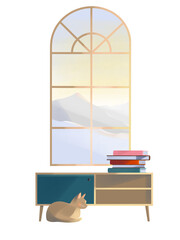 Cabinet with books near the window