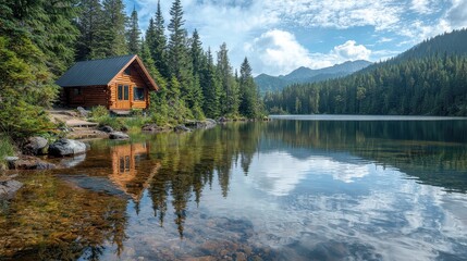 Naklejka premium A secluded mountain lake surrounded by dense pine forest, reflecting the crystal-clear sky. A small cabin sits on the shore, creating a cozy retreat in nature 