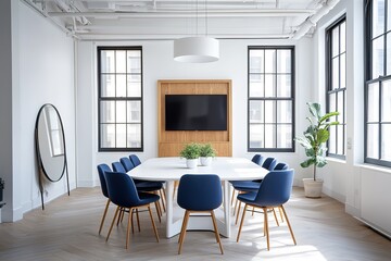 Fototapeta premium A modern, bright conference room bathed in natural light with a large table, blue chairs, and a flatscreen television mounted on the wall.