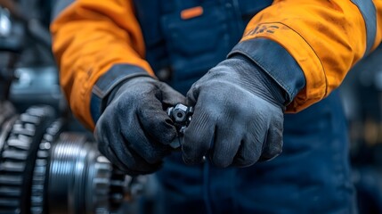 Close up view of hands carefully fastening a propeller blade under a night sky with a small spotlight focusing on the intricate mechanical parts of the assembly process