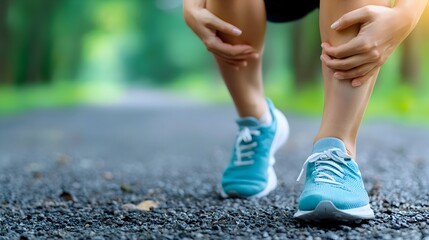 Naklejka premium Female athlete experiences intense knee pain and joint inflammation due to a sports related injury or overuse She is holding her knee against a dark background