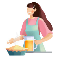 Girl with a jug of juice and a pie