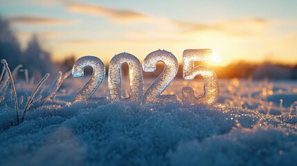 Crystal-clear numbers mark the year 2025, standing prominently on a snowy surface as the warm morning sun casts a golden glow, creating a magical winter atmosphere.