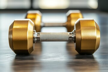 Fototapeta premium Two gold dumbbells are on a wooden table