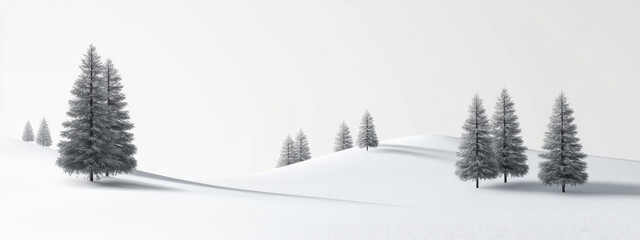 Minimalist winter landscape with snow-covered pine trees on rolling hills