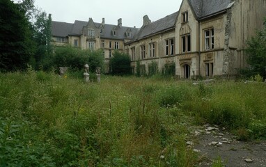Obraz premium Forsaken grandeur: gloomy, deserted castle shrouded in eerie quiet, its once majestic halls now consumed by decay, lingering memories, unsettling atmosphere of solitude, abandonment.