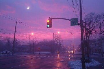A mesmerizing violet and pink sunset illuminates a quiet city street with glowing streetlights and a crescent moon in the sky.