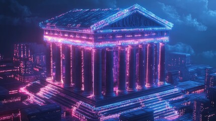Obraz premium A futuristic, glowing temple with neon lights, against a night sky with clouds.