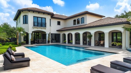 Fototapeta premium Ideal sunny day highlighting a luxurious backyard oasis.