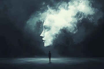 A figure standing before a vast cloud shaped like a face, symbolizing introspection, imagination, and the ethereal nature of thoughts and dreams.