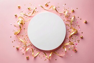 Pink background, Party and celebration design background with color streamer, star confetti.copy space decoration cards ideas.vibrant festival, wallpaper 