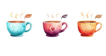 Fototapeta premium Vibrant watercolor illustrations of coffee cups.