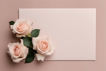 A muted blush background with a few pastel roses bordering the center card