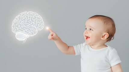 Baby's Brain Development: A curious toddler points at a glowing brain graphic, symbolizing the incredible potential and rapid development of a young mind.