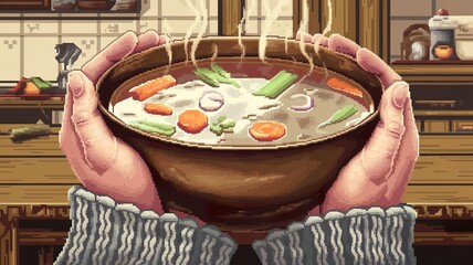 A pixel art of a bowl of soup held in hands