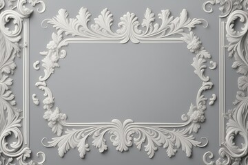 A light gray background featuring simplified baroque-inspired floral motifs