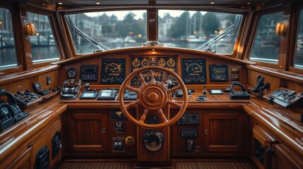 Obraz premium Luxury Yacht Steering Wheel and Control Panel