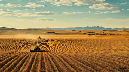 Obraz premium Tractors working on golden wheat fields under a bright sky.