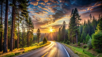 A winding asphalt road through a dense forest at sunset, with golden sunlight filtering through the trees, casting long shadows on the verdant landscape.