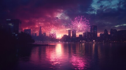 Fototapeta premium Spectacular City Skyline Fireworks Over Water Reflections
