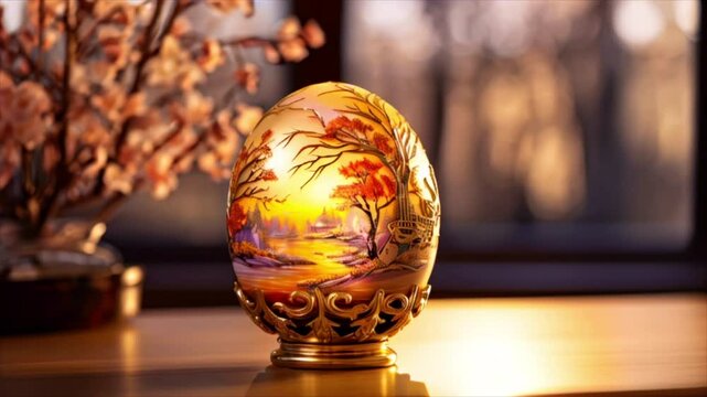 Painted golden Easter egg and flowers on the table. Holiday season, concept of spring