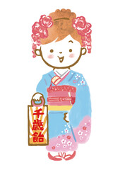 七五三の着物を着た7歳の女の子の手描きイラスト