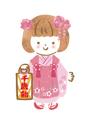 七五三の着物を着た3歳の女の子の手描きイラスト