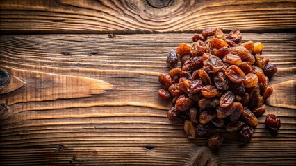 Fototapeta premium A cluster of plump, sun-kissed raisins rests on a rustic wooden surface, their deep brown hue contrasting with the warm wood grain.