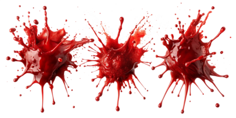 collection of red blood splatters, flowing bloody stains, splashes and drops. Trail and drips red blood close up isolated on white background as transparent. PNG. AI GENERATED.