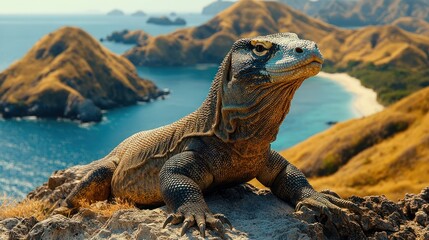 Fototapeta premium Komodo Dragon Perched on a Rocky Outcrop Overlooking a Tropical Bay
