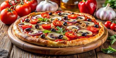 Close-up of a Delicious Pizza with Tomatoes, Olives, and Mushrooms on a Wooden Board, Pizza, Food, Italian Cuisine