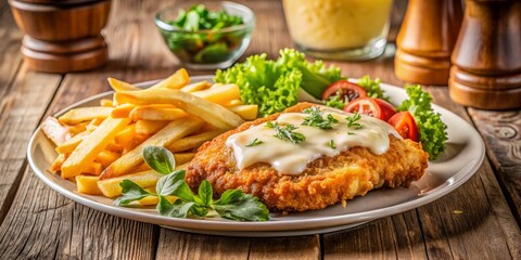 Crispy Breaded Chicken with Creamy Sauce, French Fries and Salad on Wooden Table, food photography, breaded chicken, creamy sauce , french fries
