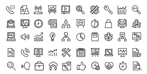 Digital marketing set of web icons in line style. Marketing icons for web and mobile app. Communication, advertising, ecommerce, seo, content, product, target audience, website, social media and more 