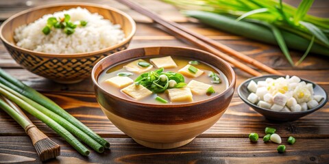 Warm Miso Soup with Tofu and Greens in a Wooden Bowl on a Rustic Table, Japanese Cuisine, Miso Soup, Tofu