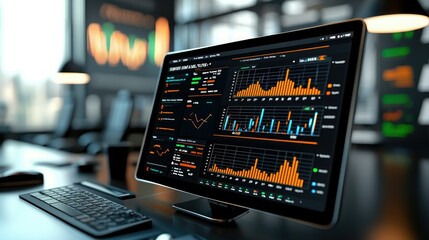 A modern workspace featuring a computer monitor displaying colorful data analytics and financial graphs.