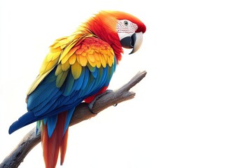 Obraz premium Colorful Scarlet Macaw Parrot on Branch Isolated on White Background