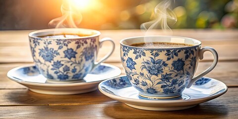 Steaming Cups of Warmth on a Sunny Day with a Wooden Table and Floral Design