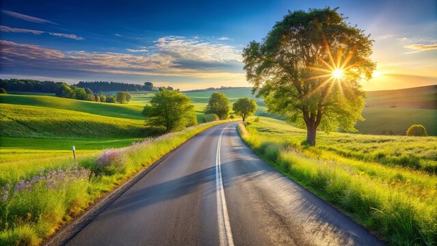 A winding asphalt road through rolling green hills with a single tree silhouetted against the vibrant sunset.  The sun shines through the leaves, casting a warm glow over the landscape.