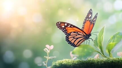 Obraz premium Vibrant monarch butterfly on lush green leaf