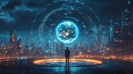 A lone figure stands before a glowing Earth globe surrounded by a futuristic cityscape and circular light.