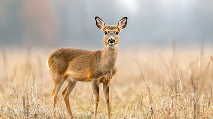 A young deer stands gracefully in a misty field, showcasing its delicate features and attentive posture amidst soft grasses.
